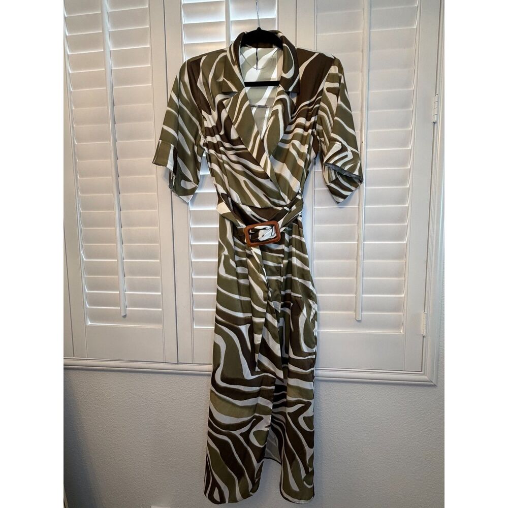 ZARA Zebra Print Belted Midi Wrap Dress Short Sleeve Collared - M
